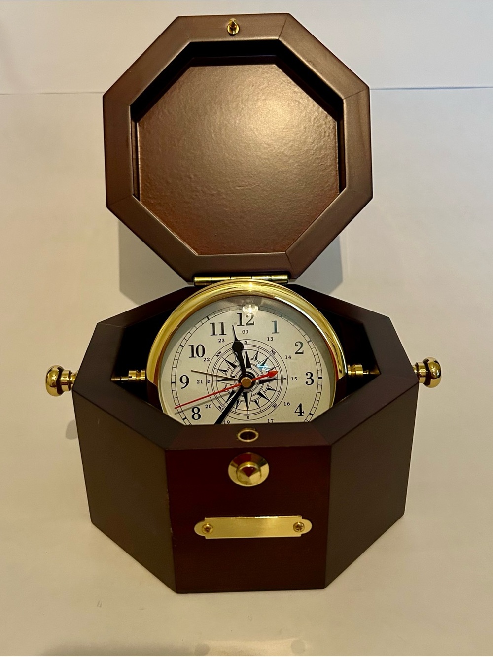 Brass Nautical Clock in Mahagony Wood Finish Box with Alarm